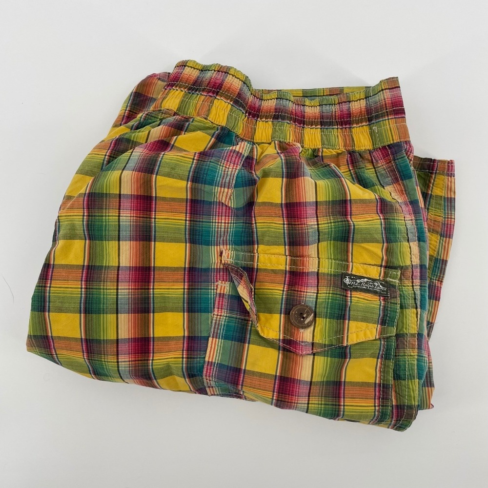 Polo Ralph Lauren Mens Plaid Swim Trunks Yellow Green Red Mesh Lined Size Medium
